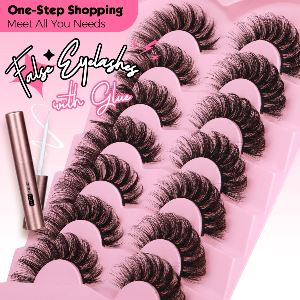 JIMIRE Cat Eye Lashes with Eyelash Glue Russian Strip D Curl Lashes Wispy 6D Volume False Eyelashes with Lash Glue Thick Crossed Soft Fake Eyelashes Fluffy 7 Pairs Pack