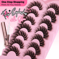 JIMIRE Cat Eye Lashes with Eyelash Glue Russian Strip D Curl Lashes Wispy 6D Volume False Eyelashes with Lash Glue Thick Crossed Soft Fake Eyelashes Fluffy 7 Pairs Pack
