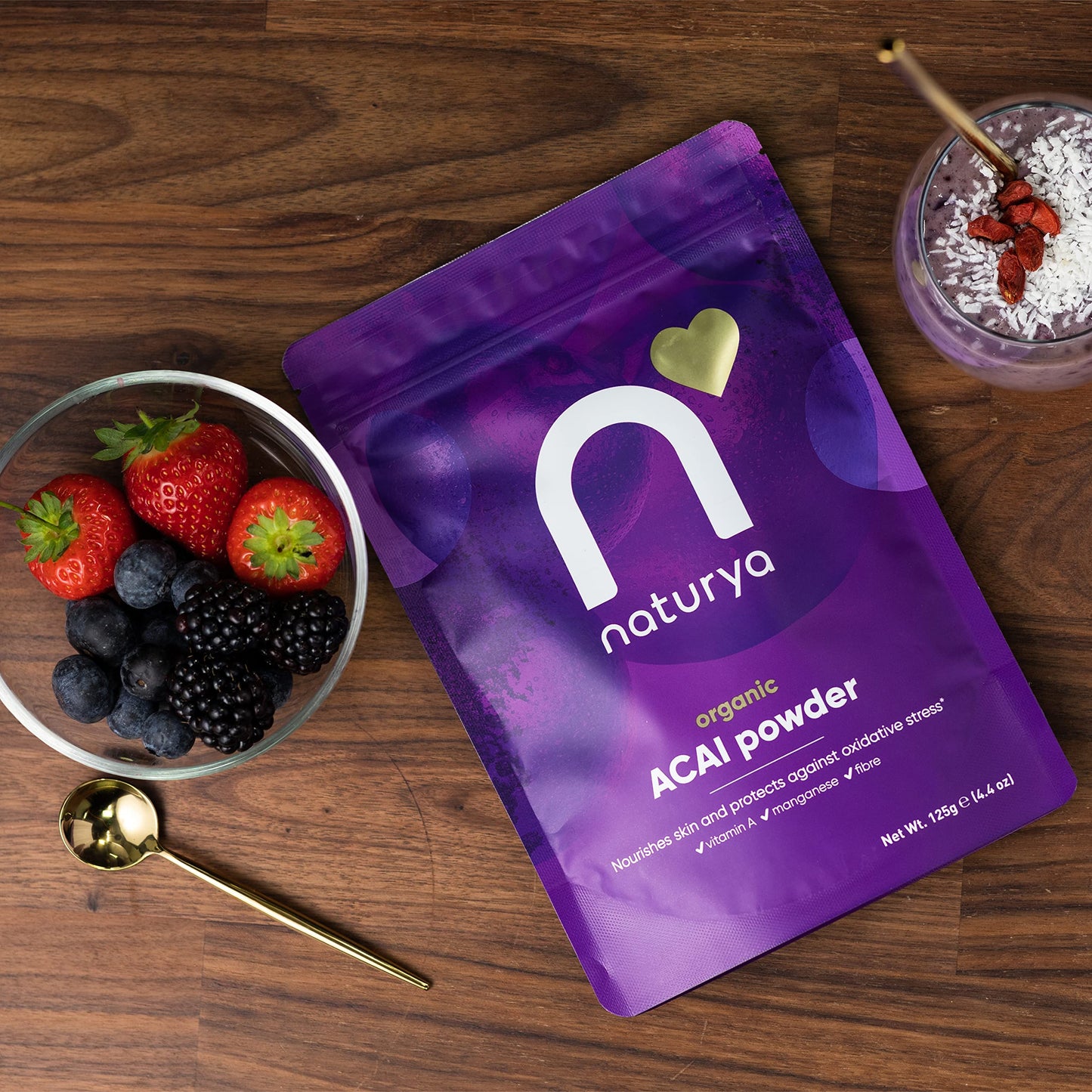 Naturya Organic Açaí Powder - Wild-Harvested from Amazonian Açaí Palms, Rich in Manganese & Vitamin A, High in Fibre, Antioxidant Superfood, Gluten-Free, Vegan - 125g Pouch