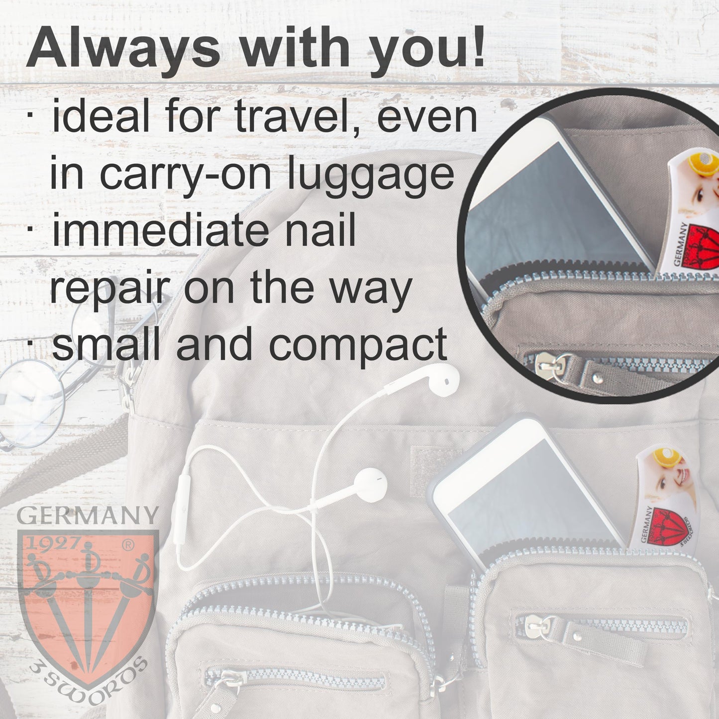 3 Swords Germany Brand Quality Round Sapphire Pocket Nail File, Carry-on Luggage - Made in Germany