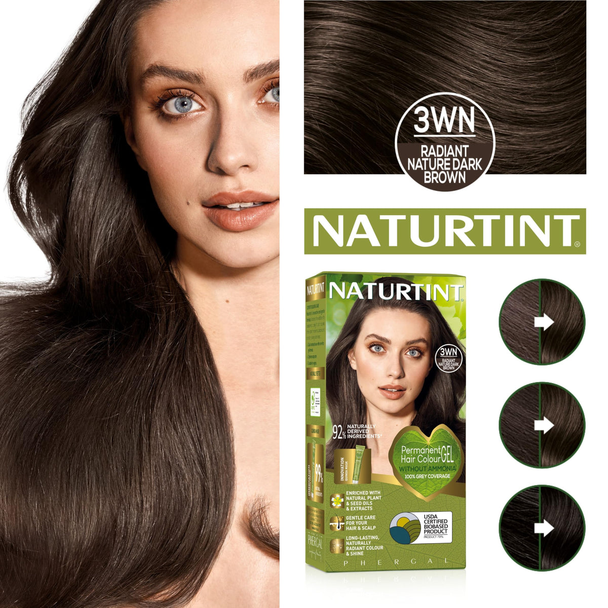Naturtint Permanent Hair Colour Gel 3WN Radiant Nature Dark Brown, Plant Enriched, Biobased, Ammonia Free, Long Lasting Grey Coverage and Radiant Colour, Nourishment and Protection