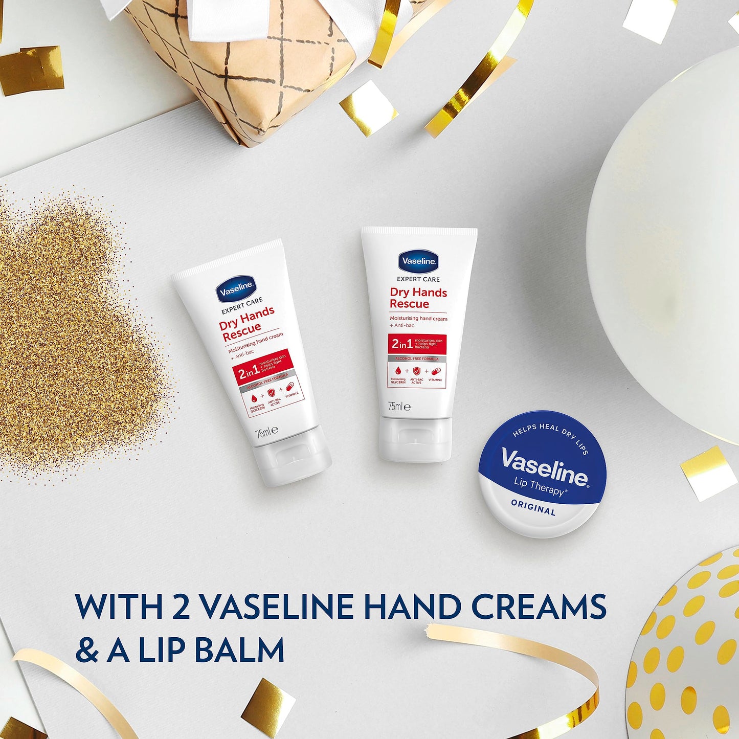 Vaseline On-The-Go Beauty Bag Gift Set with 2 anti-bac hand creams and a lip balm for moisturised lips and hands 3 piece
