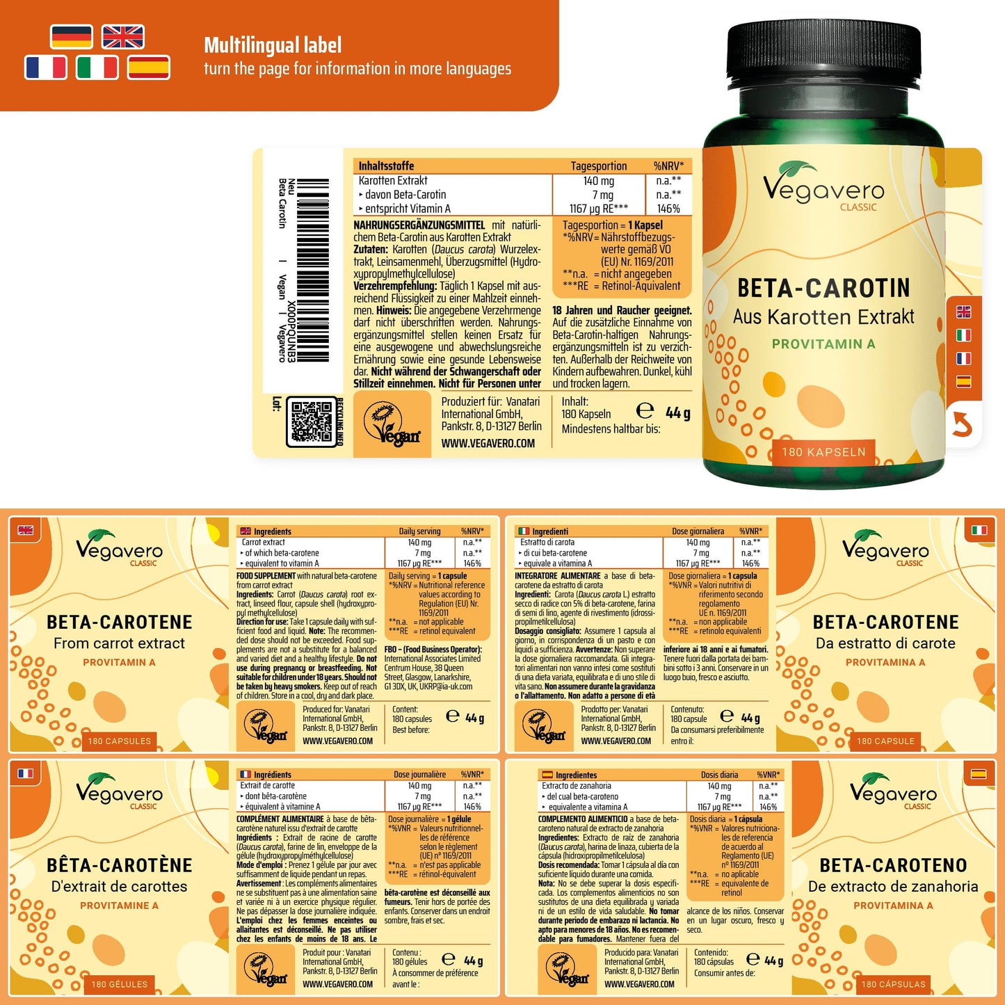 Vegavero Beta Carotene | 180 Capsules | Tan Accelerator | 100% Natural Source of Vitamin A | NO Additives, Lab-Tested | Vegan