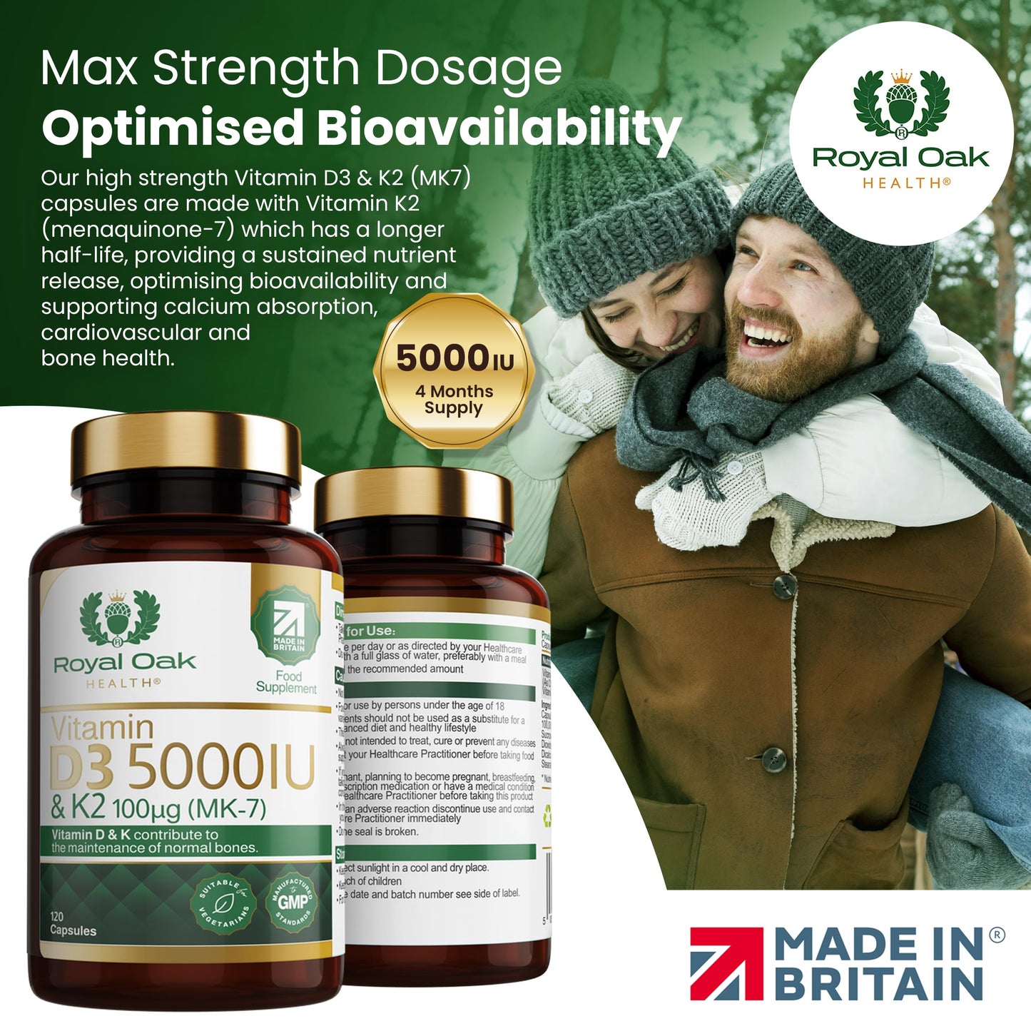 Vitamin D3 5000 IU & Vitamin K2 100mcg (MK-7) x120 Capsules, 4 Month Supply - High Strength Vitamin D & K2 Supplement for Men & Women, Made in The UK by Royal Oak Health