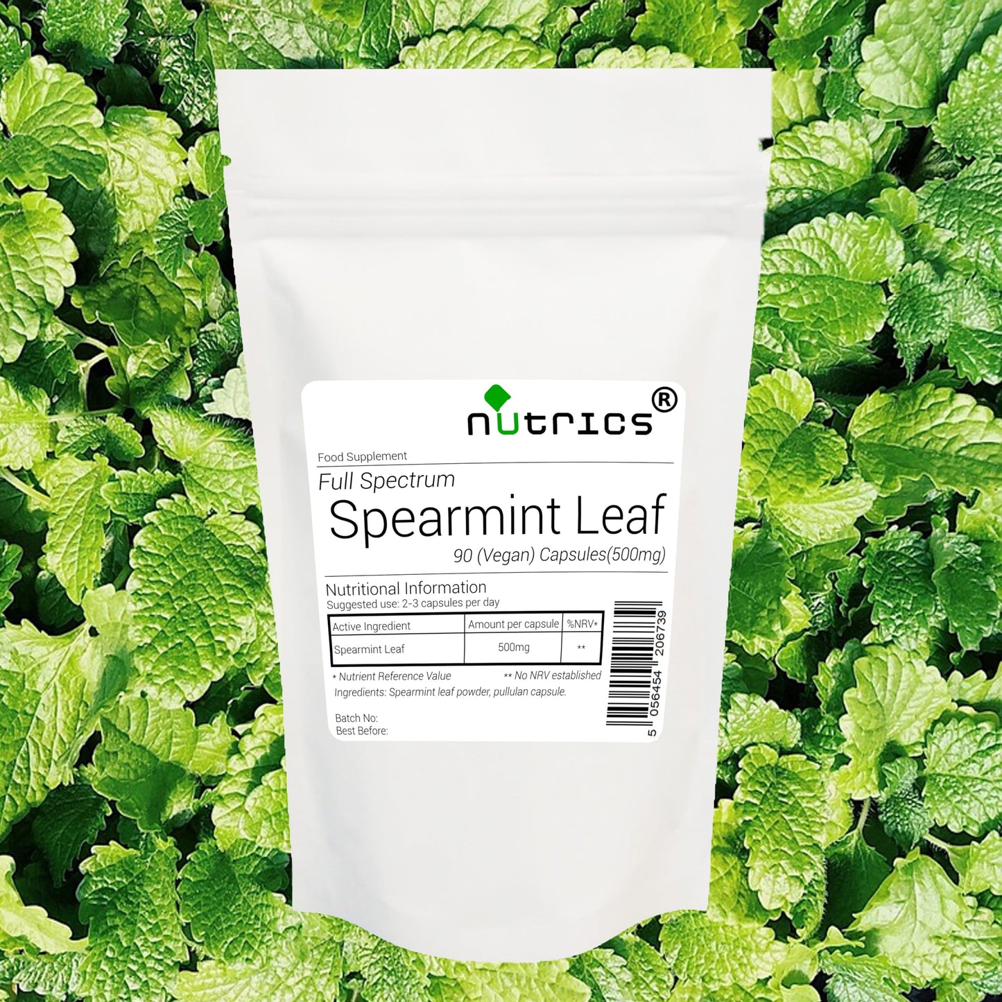 Nutrics® 500mg Spearmint Leaf x 90 V Capsules (1 Month Supply) 100% Pure Spearmint - Full Spectrum -Suitable for Vegan Vegetarian Halal & Kosher