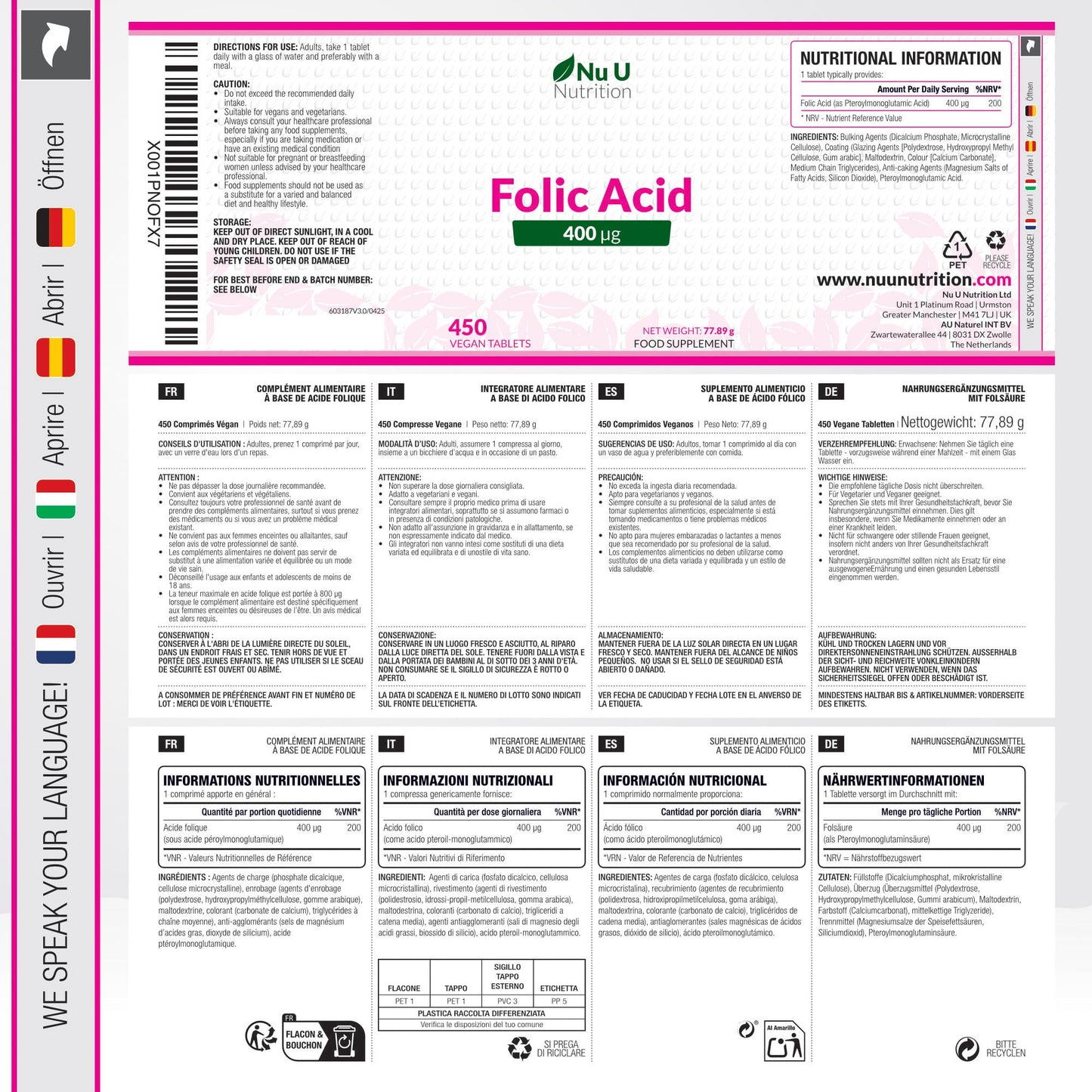 Nu U Nutrition Folic Acid 400 mcg - 450 Vegan Tablets - 15 Month Supply - High Strength Pregnancy Vitamins for Women - Vitamin B9 Supports Maternal Tissue Growth During Pregnancy - Prenatal Vitamins