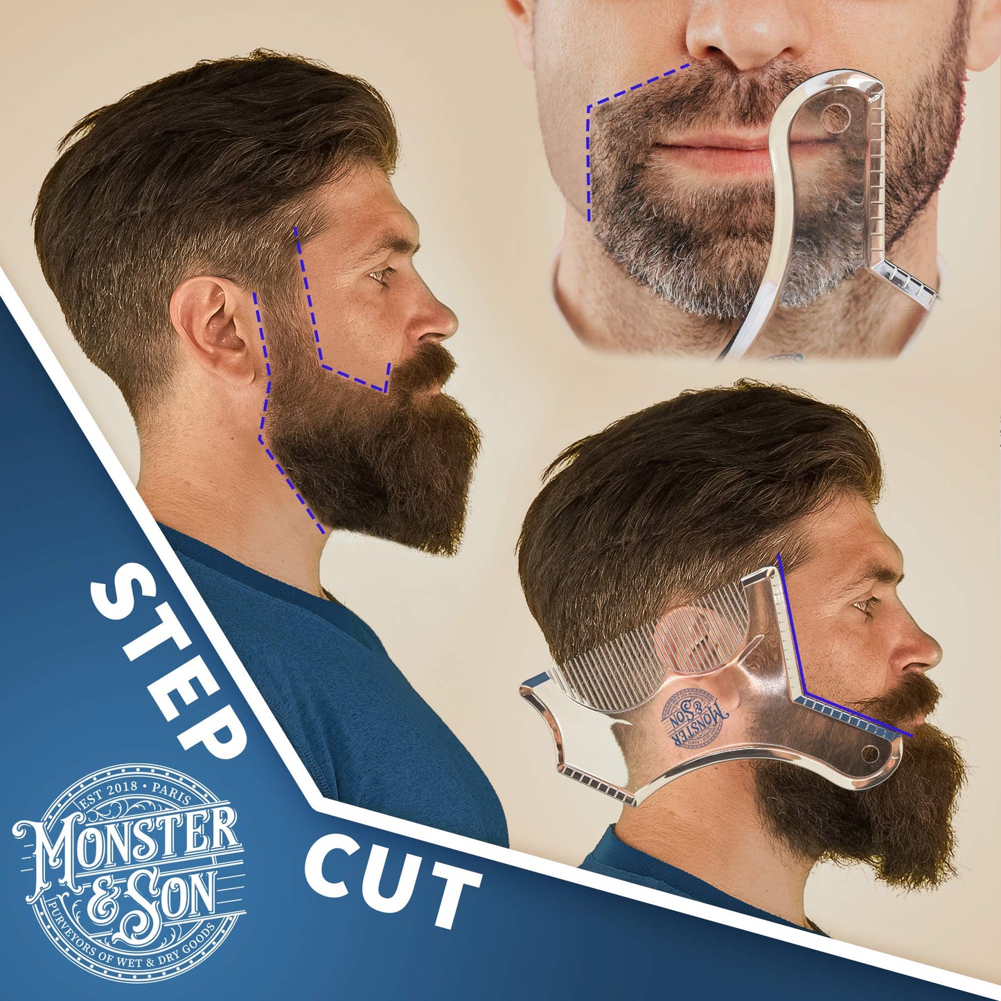Monster&Son Beard Shaping Tool - Classic Oversized Design (Blue-Clear)