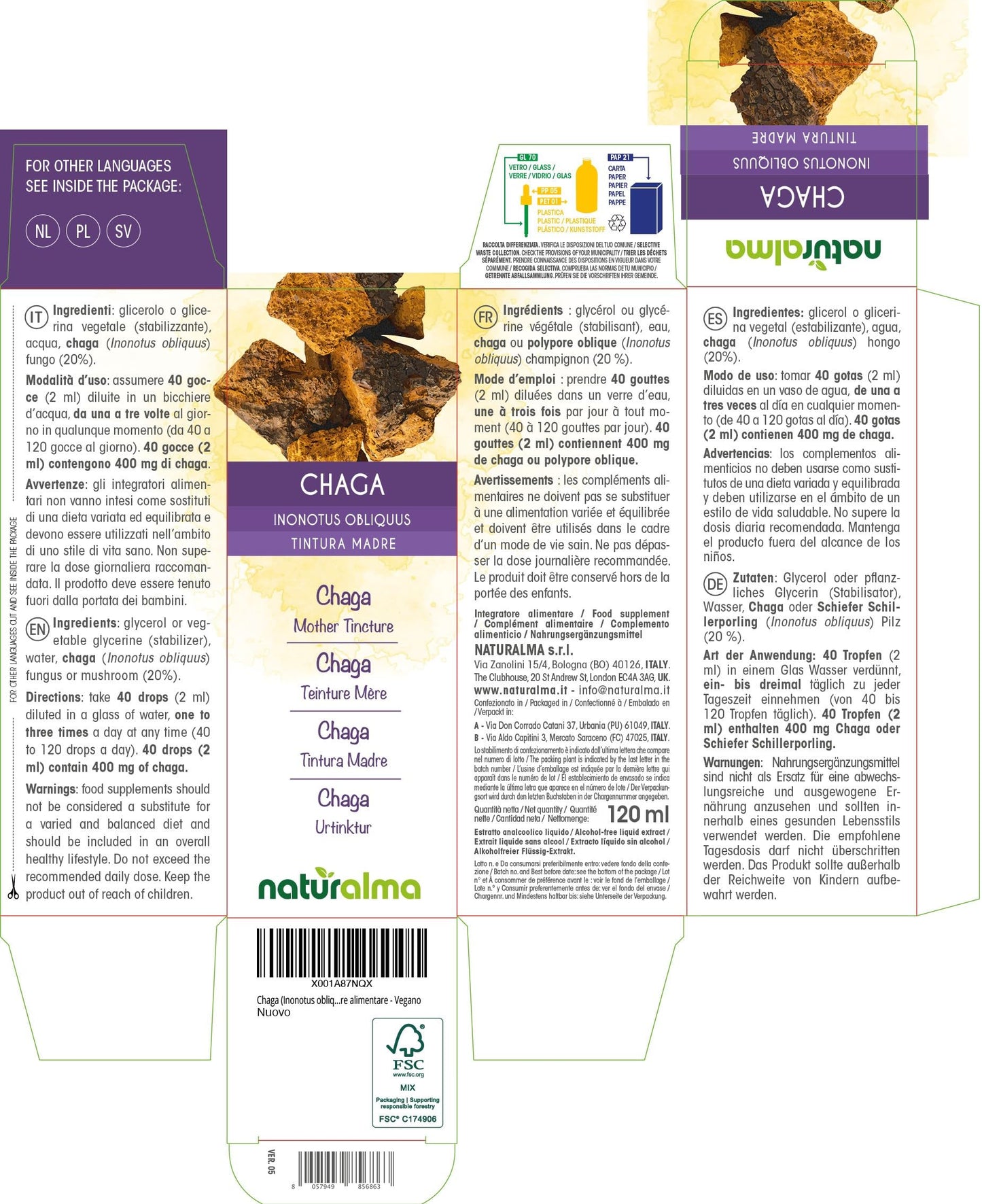 Chaga (Inonotus obliquus) Fungus or Mushroom Alcohol-Free Mother Tincture Naturalma - Liquid Extract Drops 120 ml - Food Supplement - Vegan