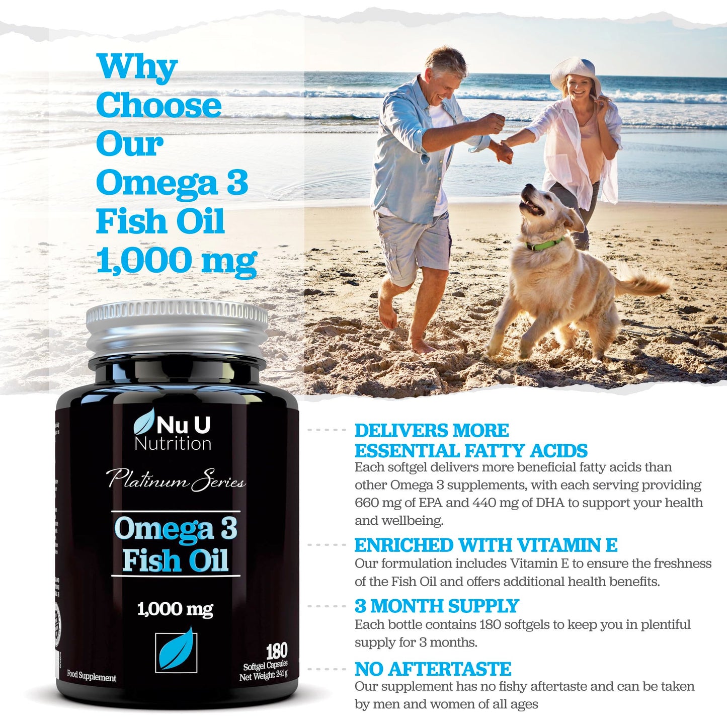 Omega 3 Fish Oil 1000mg - 180 Softgel Capsules - 3 Month Supply - Double Strength 660mg EPA & 440mg per Serving - with Added Vitamin E
