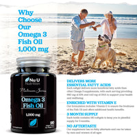 Omega 3 Fish Oil 1000mg - 180 Softgel Capsules - 3 Month Supply - Double Strength 660mg EPA & 440mg per Serving - with Added Vitamin E
