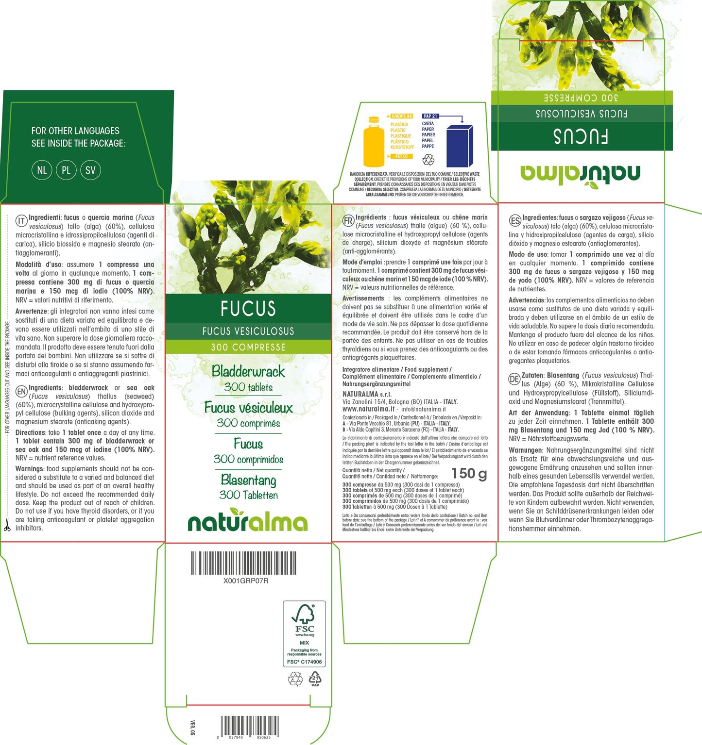 Bladderwrack or Sea Oak (Fucus vesiculosus) Thallus (Seaweed) NATURALMA | 150 g | 300 Tablets of 500 mg | Food Supplement | Natural and Vegan