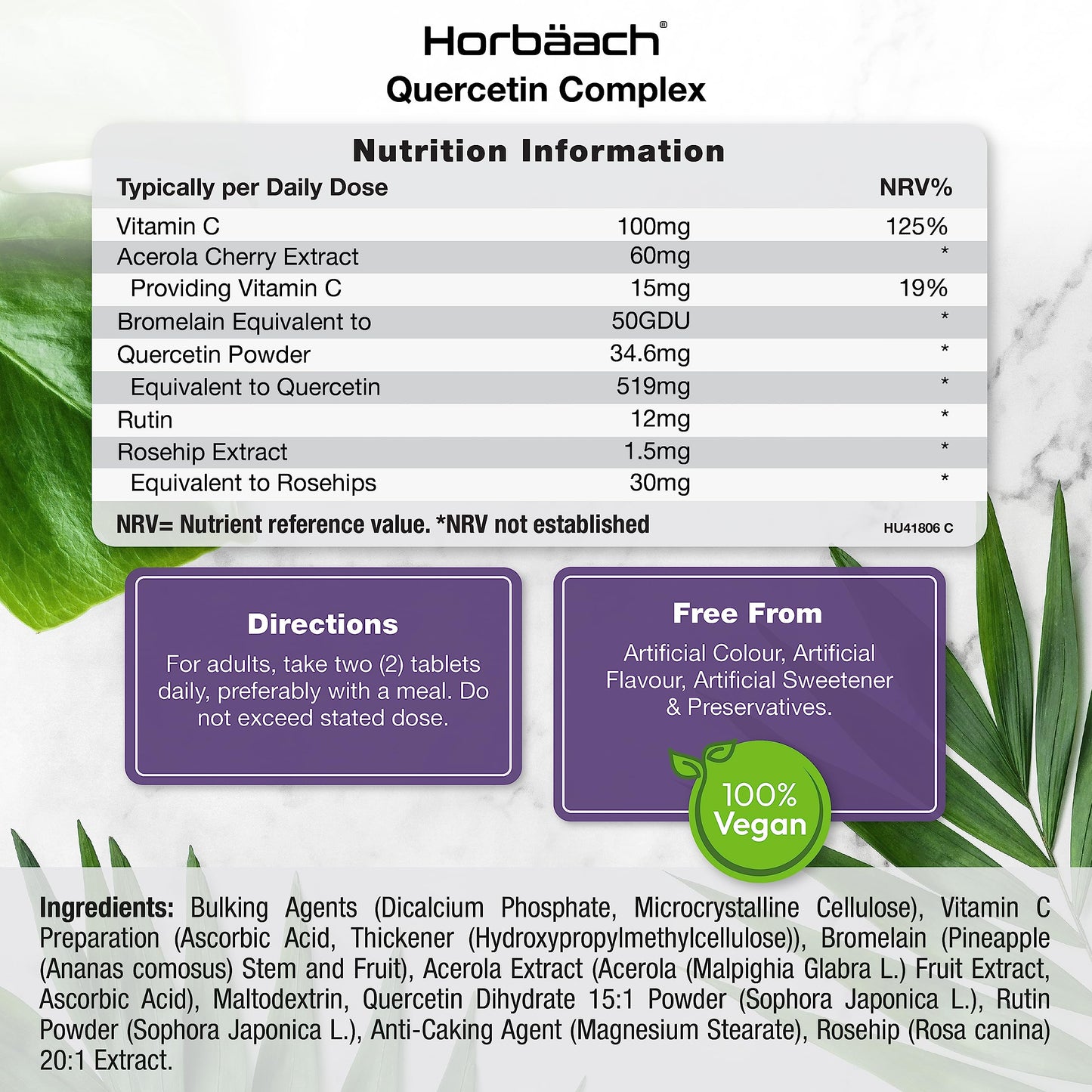 Horbäach Quercetin Supplement 760mg Complex | 120 Vegan Tablets | Providing 519mg of Quercetin with Bromelain, Vitamin C, Rosehip, Acerola and Rutin | by Horbaach
