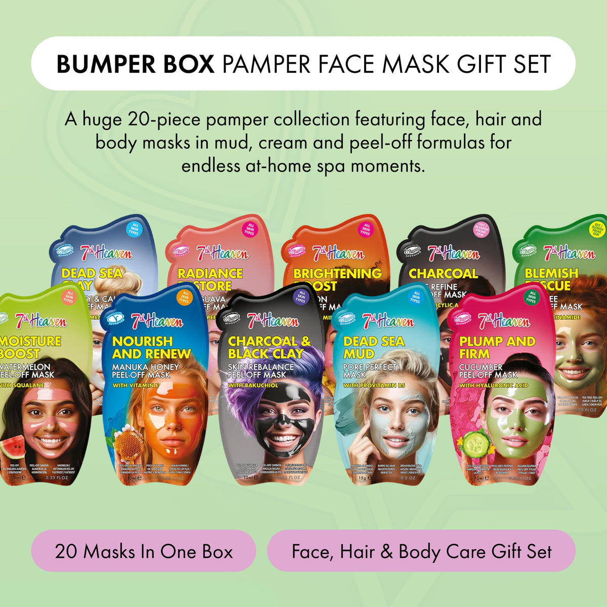 7th Heaven Bumper Box Skin Care Gift Collection, Pack of 20 Face, Hair and Body Masks, Mud, Cream and Peel-Off Variety, Deeply Moisturising, Hydrating and Fruity Pamper Set