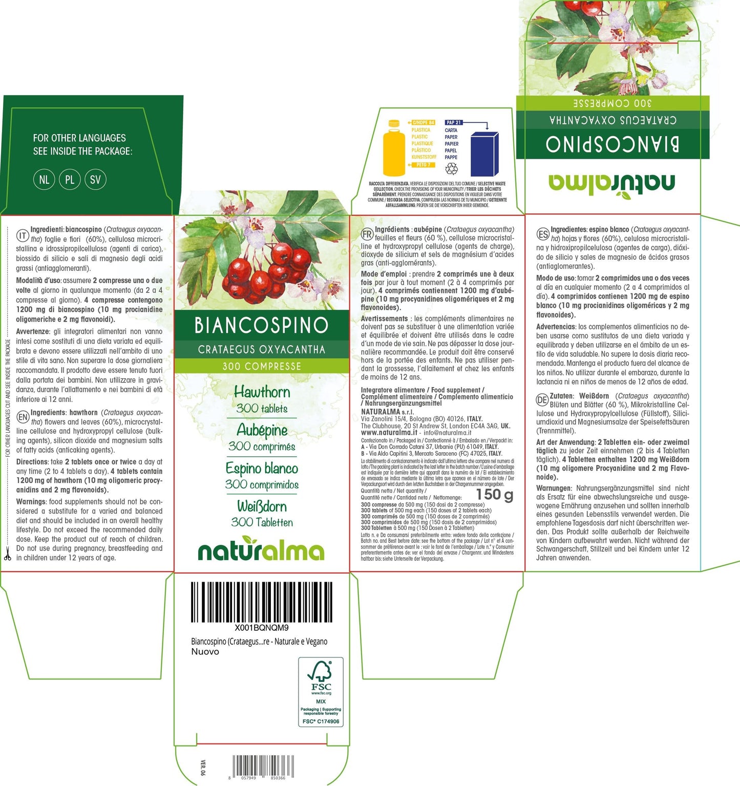Hawthorn (Crataegus oxyacantha) Flowers and Leaves Naturalma - 150 g - 300 Tablets - Food Supplement - Natural and Vegan