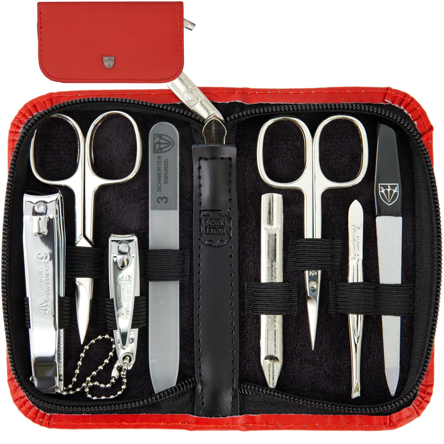 3 Swords Germany - brand quality 8 piece manicure pedicure grooming kit set with red genuine leather case - Made by 3 Swords