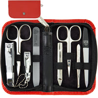 3 Swords Germany - brand quality 8 piece manicure pedicure grooming kit set with red genuine leather case - Made by 3 Swords