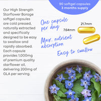 Just Vitamins Starflower Oil Capsules 1000mg/Borage Oil x90 Soft Gels, Cold Pressed High Strength GLA with Vitamin E - 3 Month Supply - x2 The GLA Level of Evening Primrose Oil Capsules - UK Made Supplements