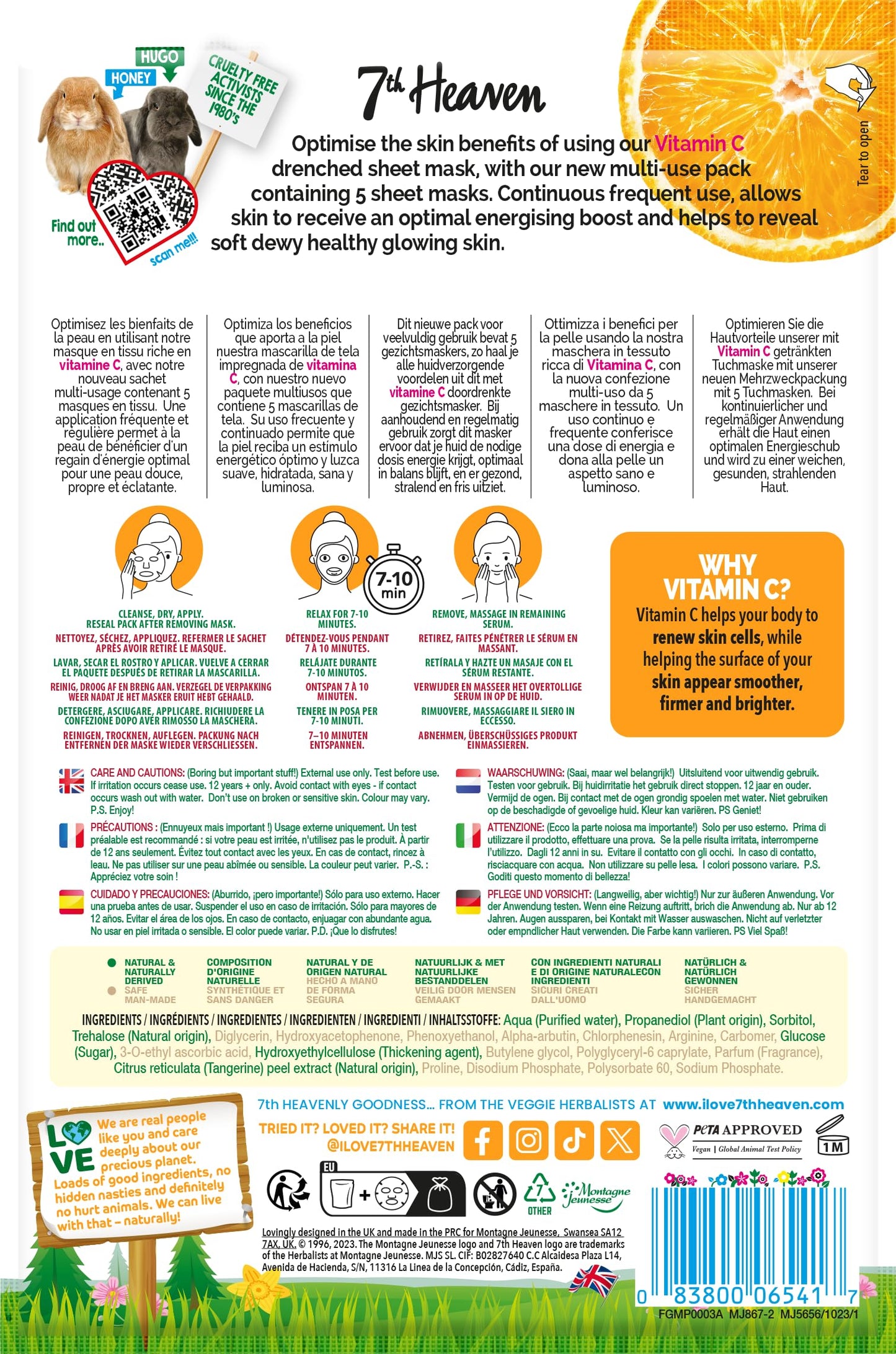 7th Heaven Nutriactive Vitamin C Sheet Masks Multipack (Pack of 5). Brightening Face Mask Set with Amino Acids. Vit C Serum Sheet Face Masks. Vegan Skin Care Set - Genuine 7th Heaven Face Masks