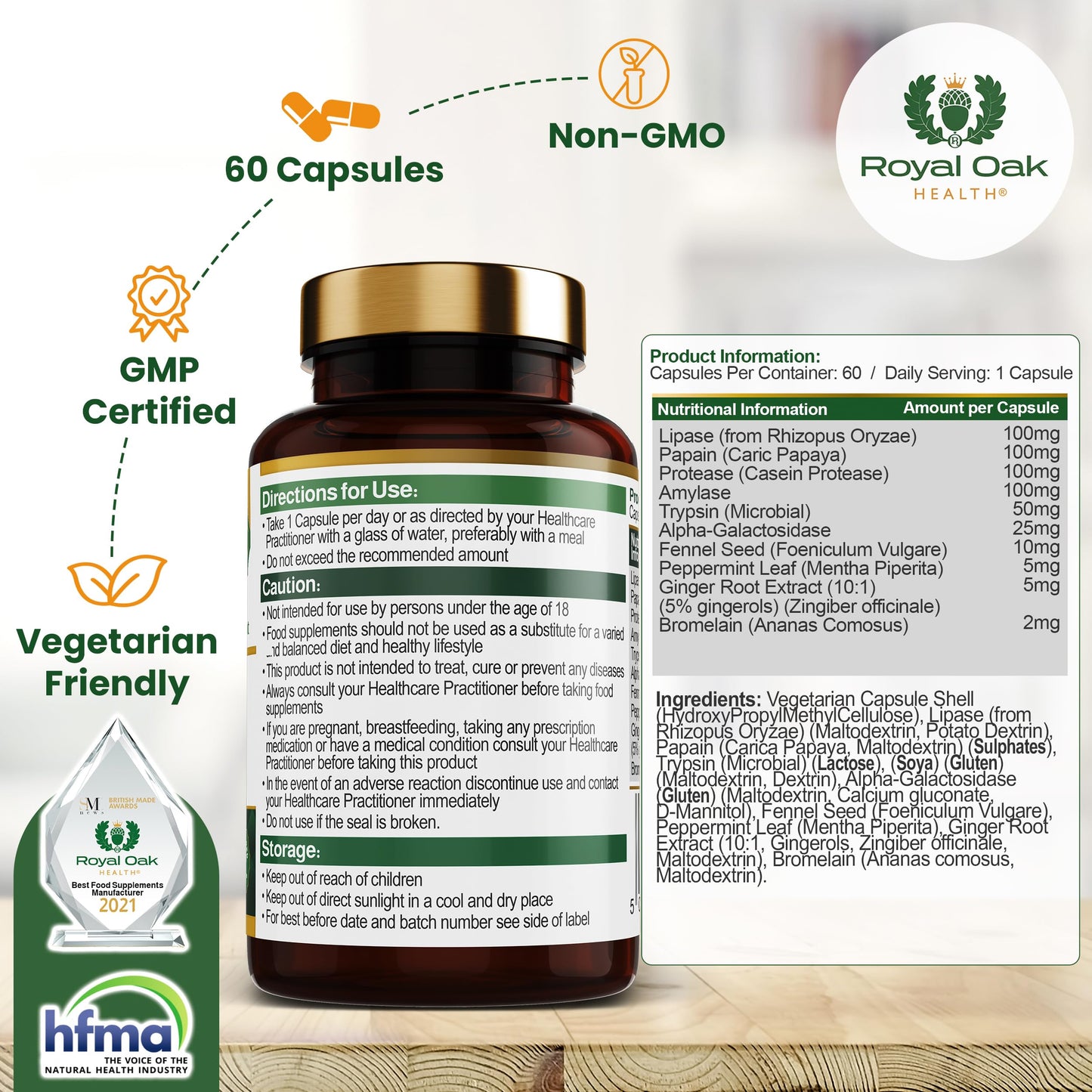 Royal Oak Health Digestive Enzymes - Broad Spectrum 10 in-1 Formula - with Amylase, Protease, Lipase, Papain & Bromelain - 60 Vegan Capsules, UK Made