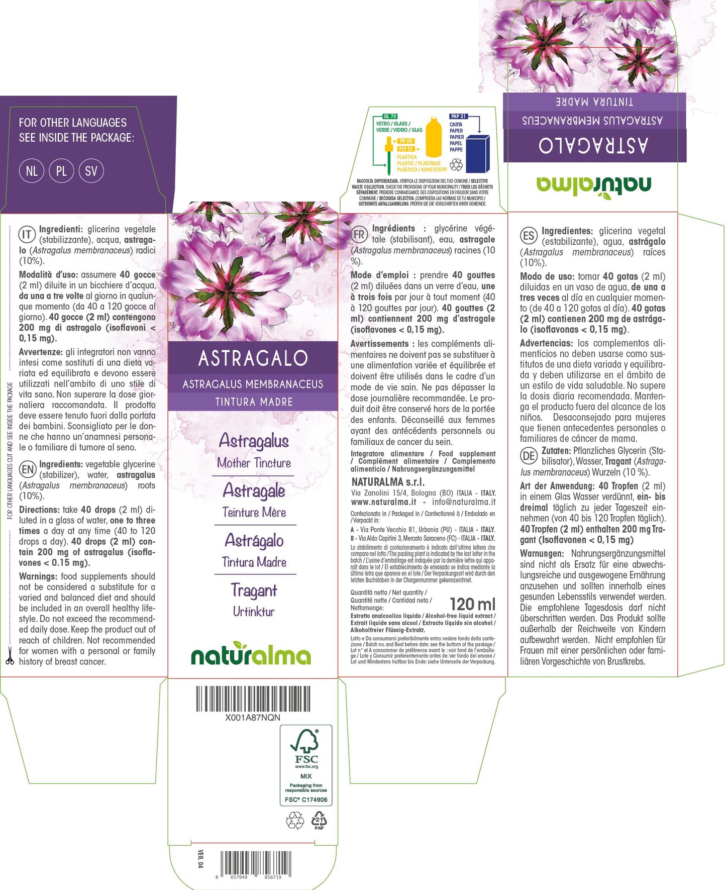 Astragalus (Astragalus membranaceus) Roots Alcohol-Free Mother Tincture Naturalma | Liquid in Drops 120 ml | Food Supplement | Vegan