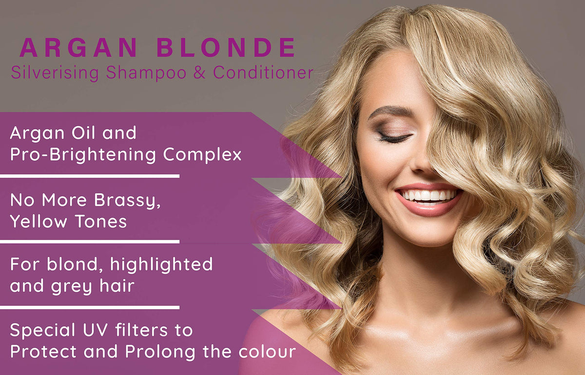 Argan Blonde No Yellow Purple Shampoo & Conditioner For Blonde, Grey & Highlighted Hair (250ml Duo) Silverising Shampoo With Argan Oil To Remove Yellow & Brassy Tones