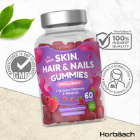 Horbäach Skin Hair and Nail Vitamin Gummies for Teens | 60 Count | Natural Raspberry Flavour | 5000ug of Biotin with 12 More Vitamins and Minerals | Vegan Food Supplement | by Horbaach