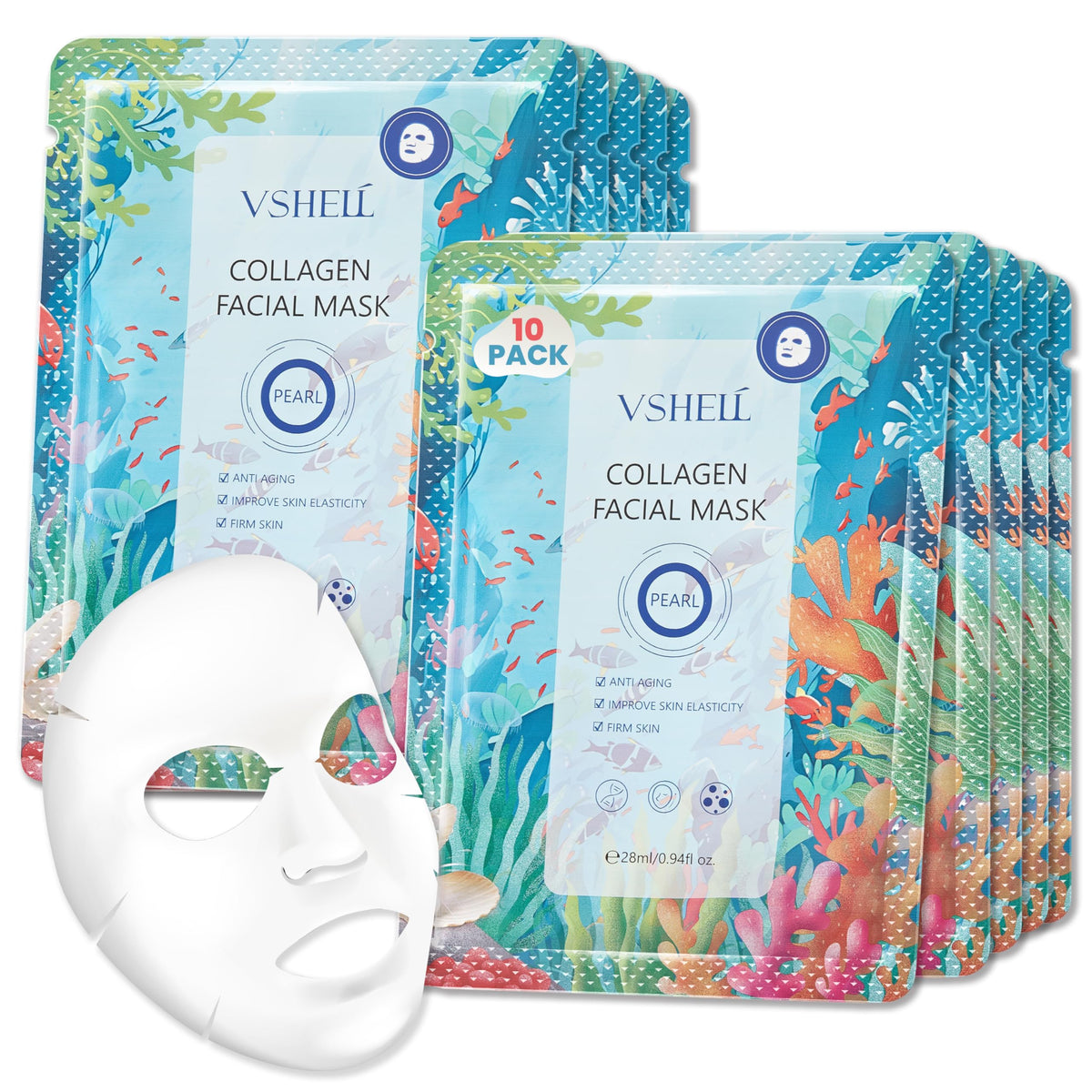 VSHELL Collagen Face Sheet Mask, Set of 10 - Hydrating Beauty Skincare with Hyaluronic Acid for Women and Men - Moisturising Anti Aging Facial Treatment - Ideal for Sensitive Skin