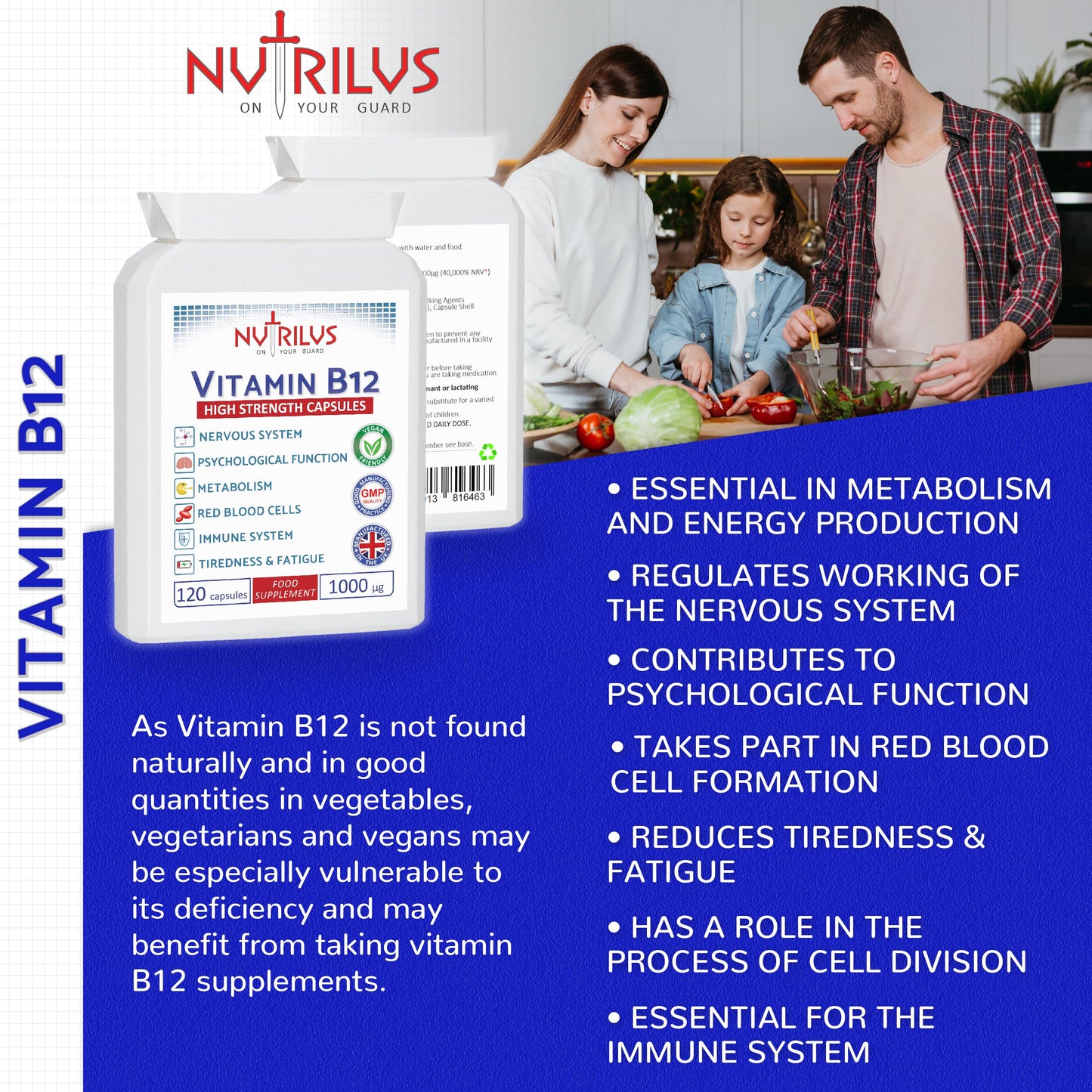 Nutrilus Vitamin B12 120 High Strength Capsules 1000µg - One Daily - not Tablets - High Bioavailability Methylcobalamin - Vegan Supplement - UK