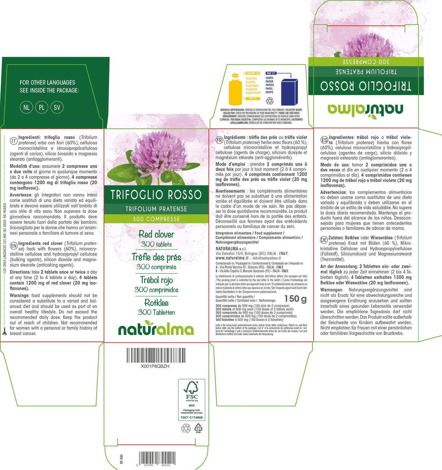 Naturalma Red Clover (Trifolium pratense) herb with Flowers NATURALMA | 150 g | 300 Tablets of 500 mg | Food Supplement | Natural and Vegan