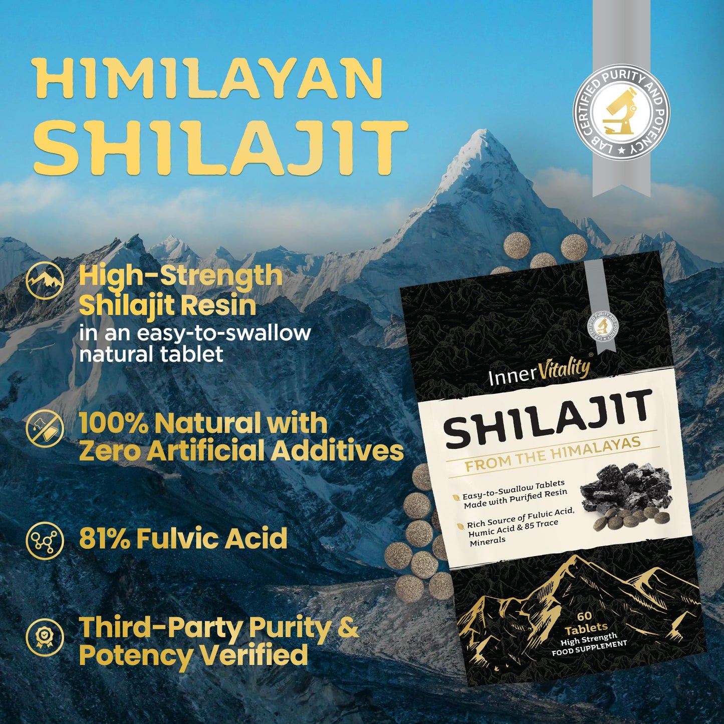 Shilajit Resin Tablets with 81% Fulvic Acid, Himalayan Shilajit Third-Party Purity & Potency Tested. Minerals, Immune System & Energy by Inner Vitality