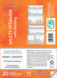 The Vegan Wellness Co. Multivitamin with Ginseng, 19 Nutrients for Energy + Immunity, 40 Effervescent Tablets - Orange and Passionfruit Flavour