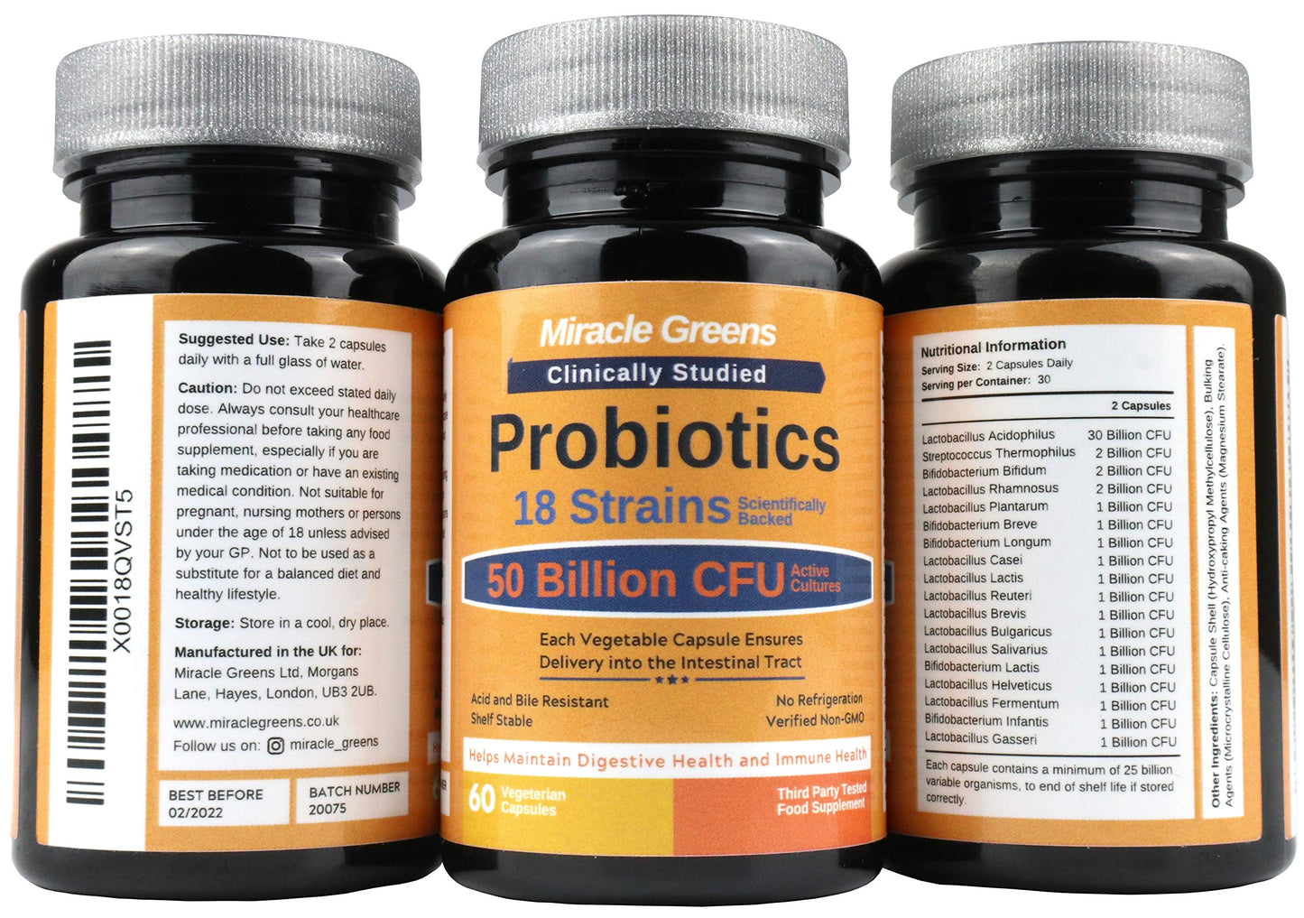 Powerful 50 Billion CFU Probiotics - 18 Strains, Stomach Acid Resistant, Shelf Stable | Highest Strength Bacterial Cultures – Keeps Digestive System Healthy | 60 Vegan Capsules for Men and Women