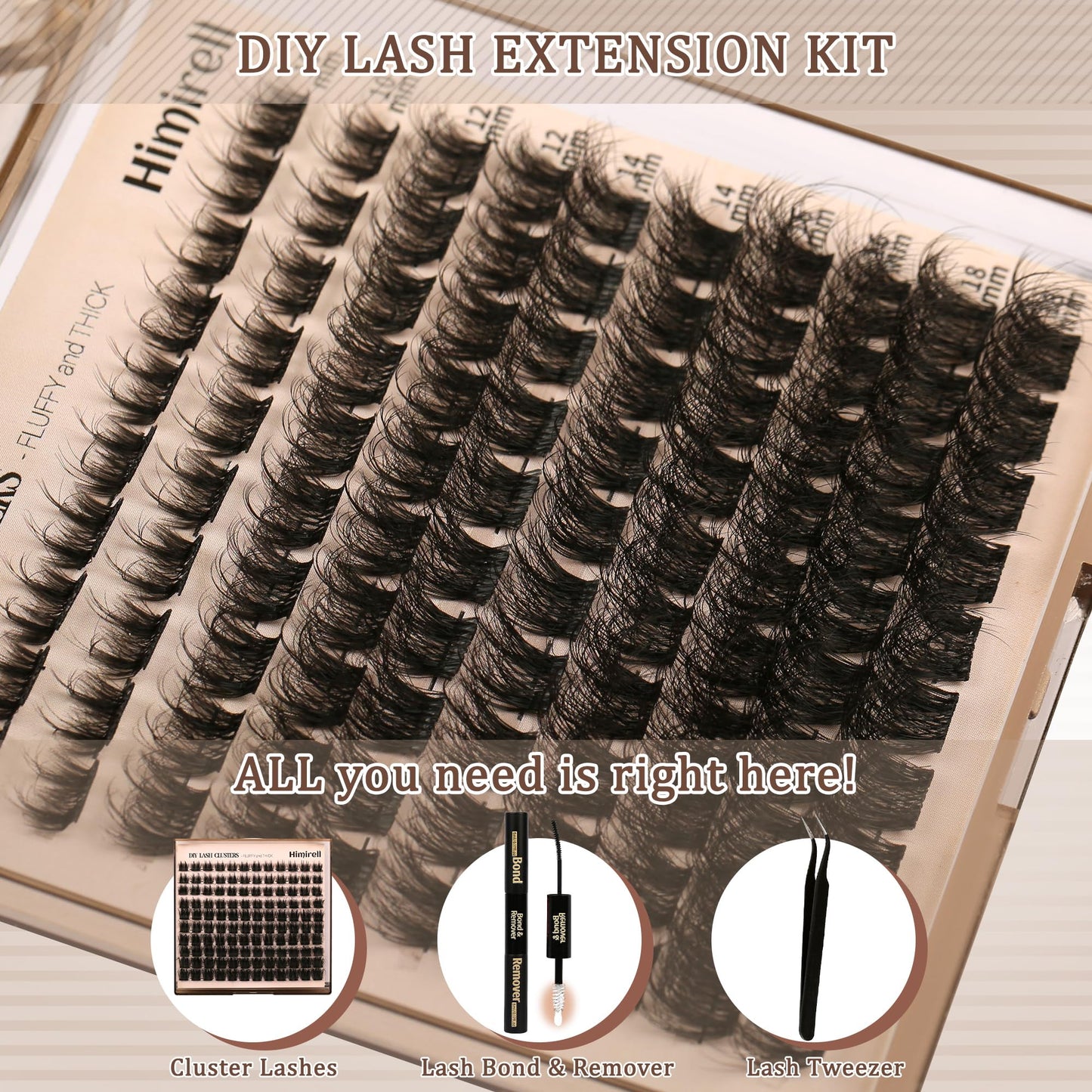 Himirell Lash Clusters Kit Fluffy Volume Eyelash Extension Kit 140Pcs 5D Wispy Natural DIY lash Extenisons D Curl with 140Pcs Individual Lashes, Lash Bond and Remover,Tweezers for Self Use