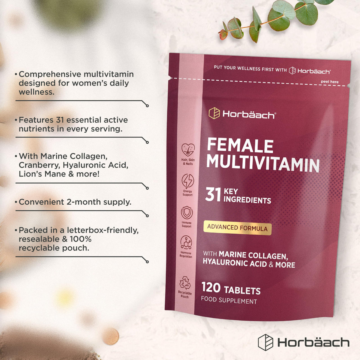Horbäach Womens Multivitamins and Minerals with Marine Collagen & Hyaluronic Acid | 31 Essential Vitamins, Minerals, & Botanicals with Cranberry, Iron, Biotin, B6 & More | 120 Tablets | by Horbaach