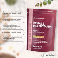 Horbäach Womens Multivitamins and Minerals with Marine Collagen & Hyaluronic Acid | 31 Essential Vitamins, Minerals, & Botanicals with Cranberry, Iron, Biotin, B6 & More | 120 Tablets | by Horbaach