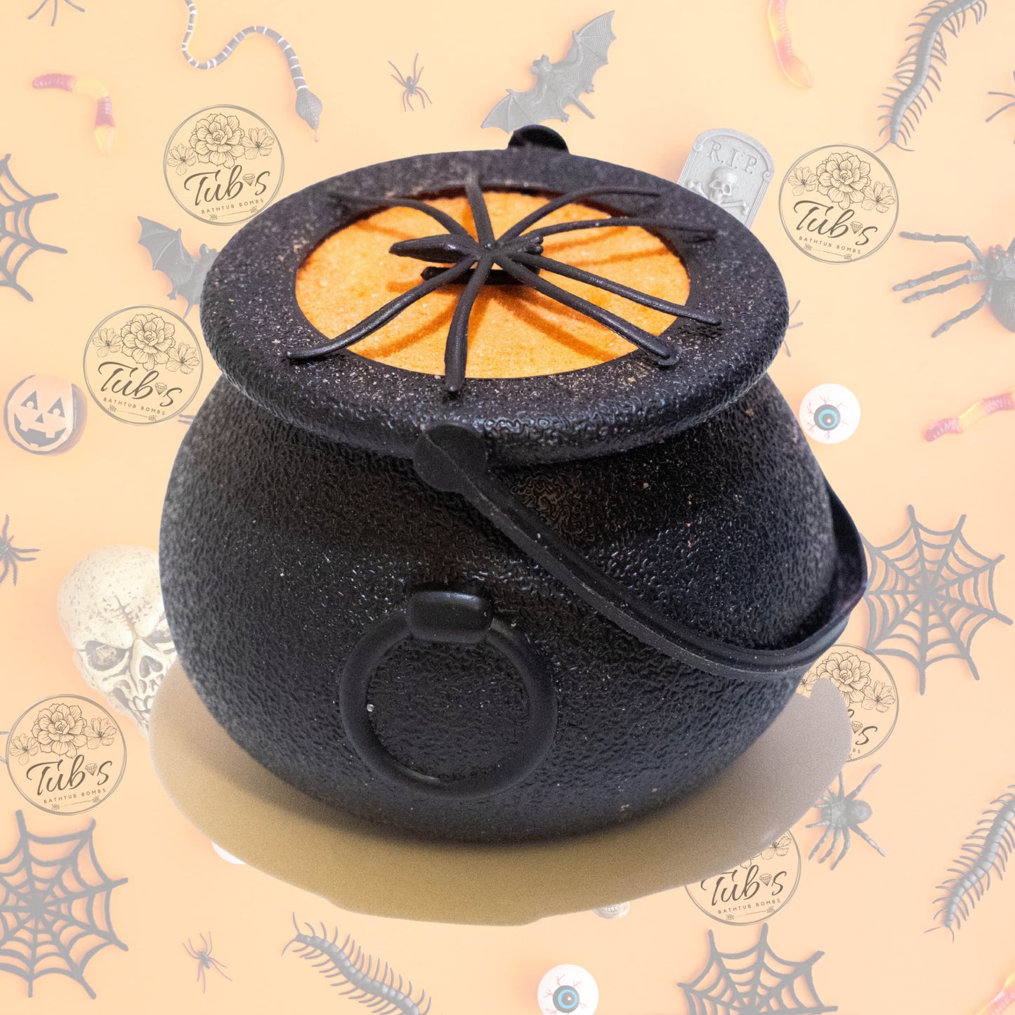 Elegance Natural Skin Care Happy Halloween Spooky Orange Spider Scary Witches Bubbling Cauldron Bath Bomb Fizzer. Handmade in UK. Horror Bubbling Bathbomb Bath Fun