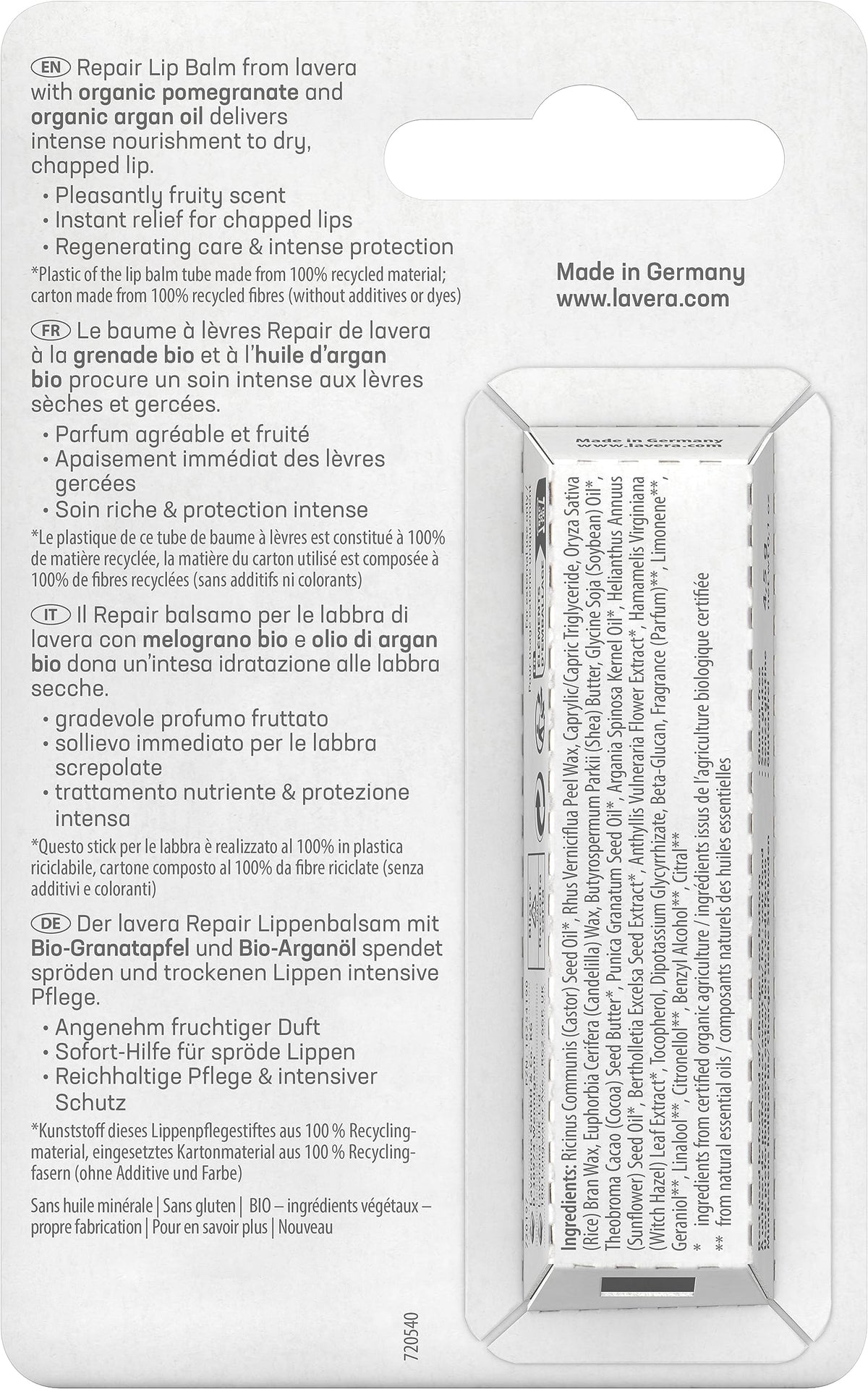 lavera Repair Lip Balm - Protects against dehydration - Instant help - with organic pomegranate & organic argan oil - vegan