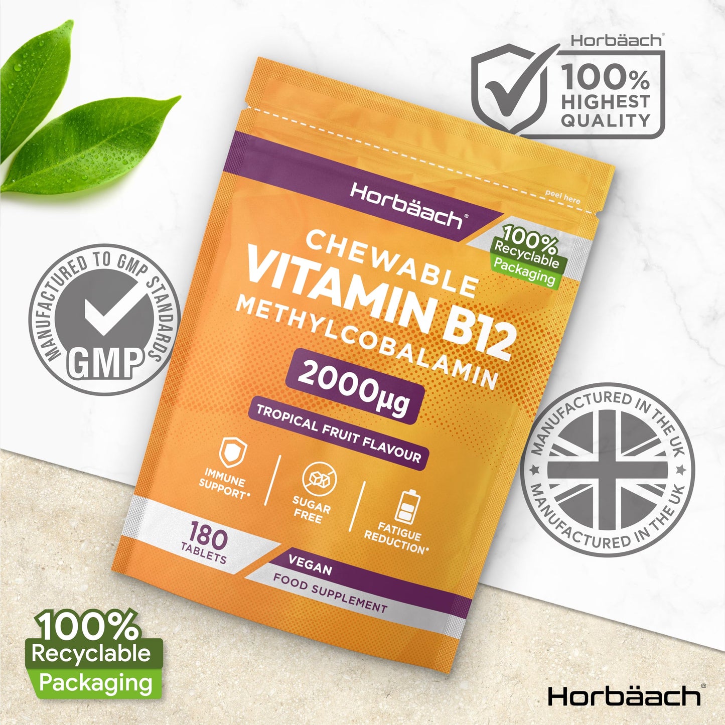Horbäach Vitamin B12 Tablets High Strength 2000ug | 180 Chewable Tablets | Tropical Fruit Flavour | Sugar Free Vegan Methylcobalamin Supplement | by Horbaach