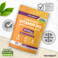 Horbäach Vitamin B12 Tablets High Strength 2000ug | 180 Chewable Tablets | Tropical Fruit Flavour | Sugar Free Vegan Methylcobalamin Supplement | by Horbaach
