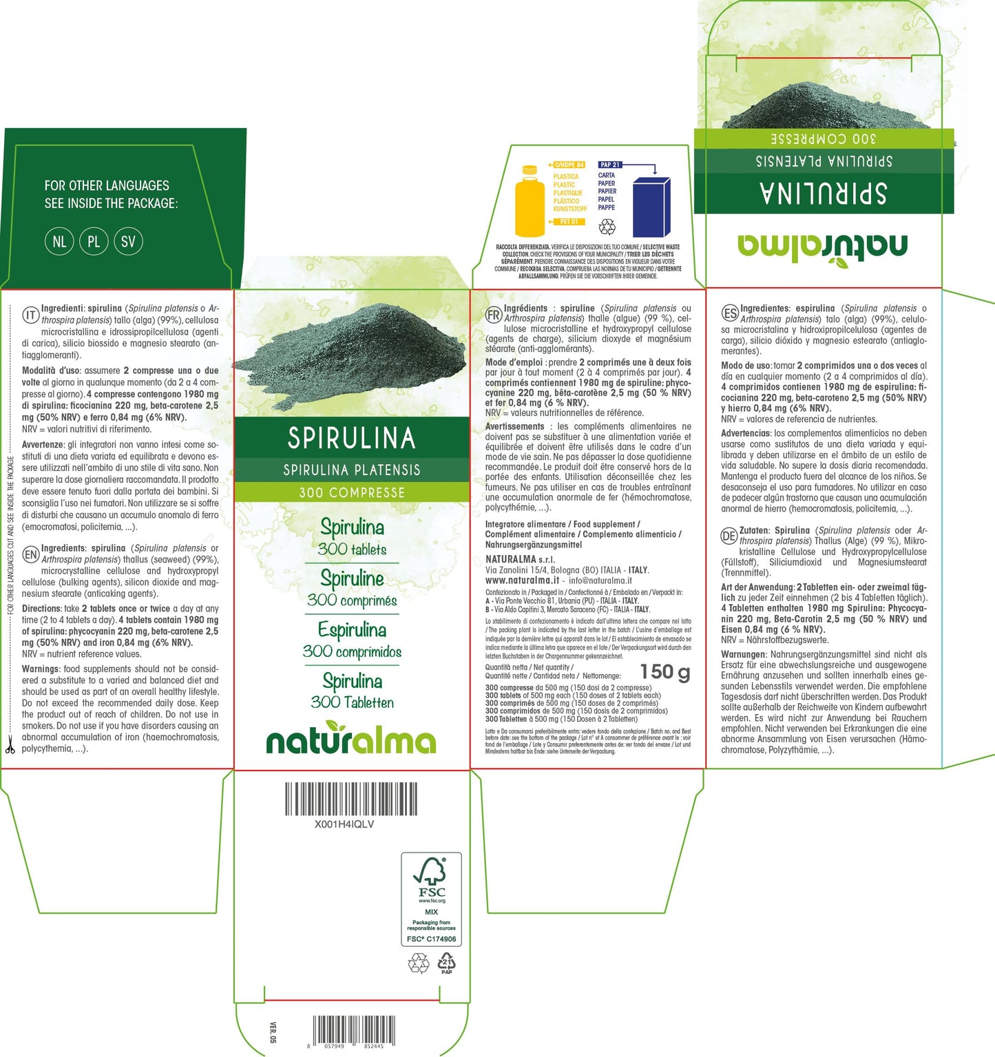 Spirulina (Spirulina platensis or Arthrospira platensis) Thallus (Seaweed) NATURALMA | 150 g | 300 Tablets of 500 mg | Food Supplement | Natural and Vegan