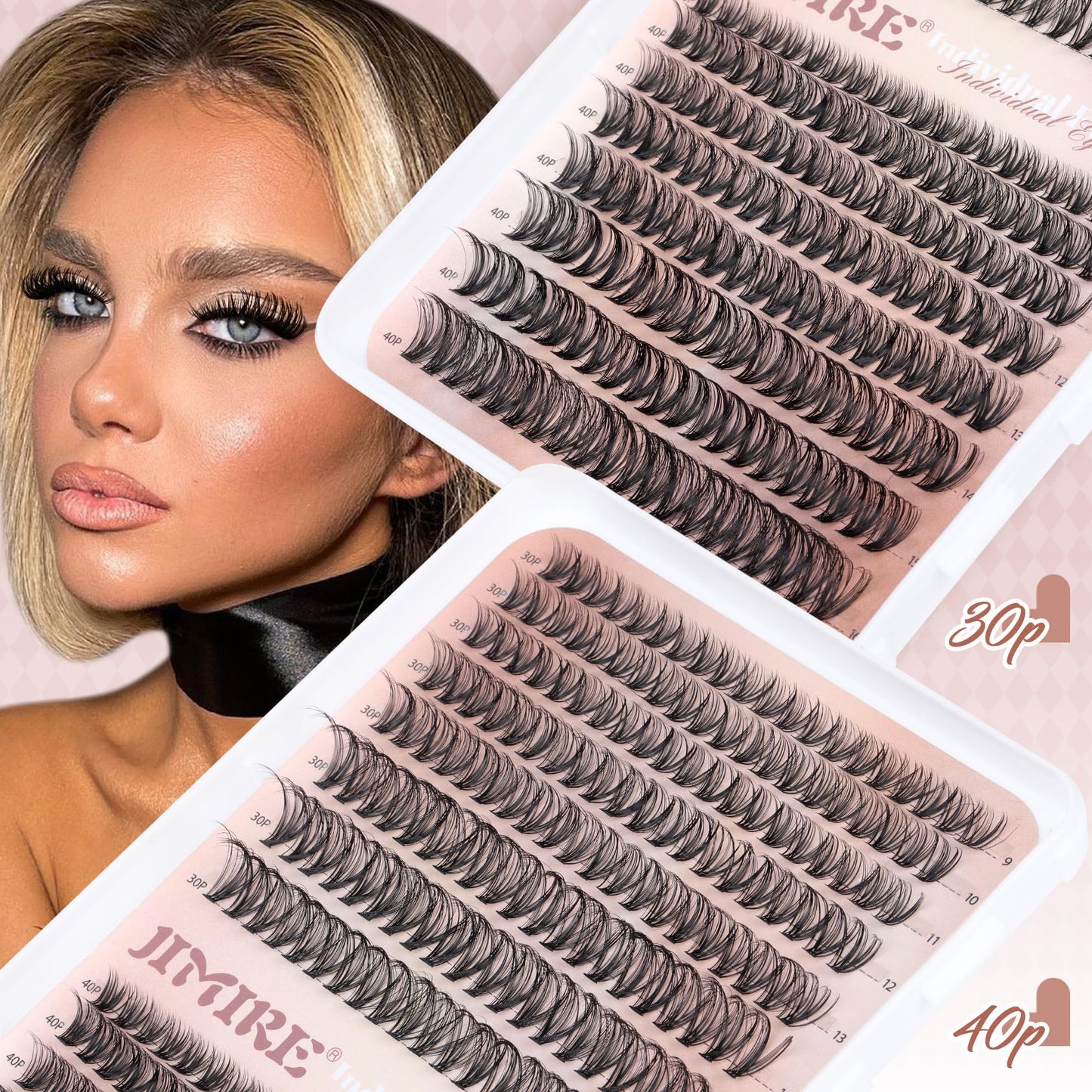 JIMIRE 320Pcs Individual Eyelashes DIY Russian Cluster Lashes 30D+40D Lashes Individual Cluster D Curl 9-16mm Mixed Wispy DIY Lash Clusters Eyelash Extesnsions
