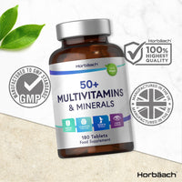 Multivitamin and Mineral Tablets for Adults 50 Plus | 180 Count | with 24 Essential Nutrients for Men and Women 50 + | 100% Vegan | by Horbaach