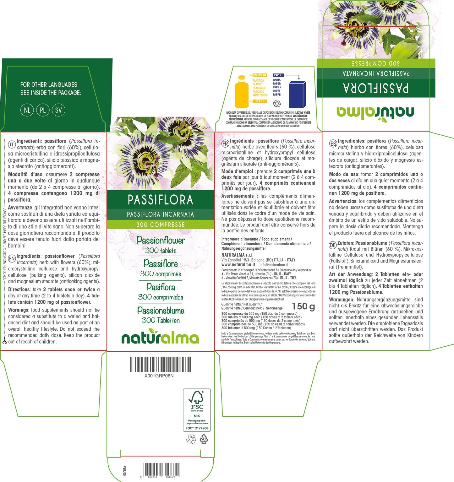 Passionflower (Passiflora incarnata) herb with Flowers NATURALMA | 150 g | 300 Tablets of 500 mg | Food Supplement | Natural and Vegan