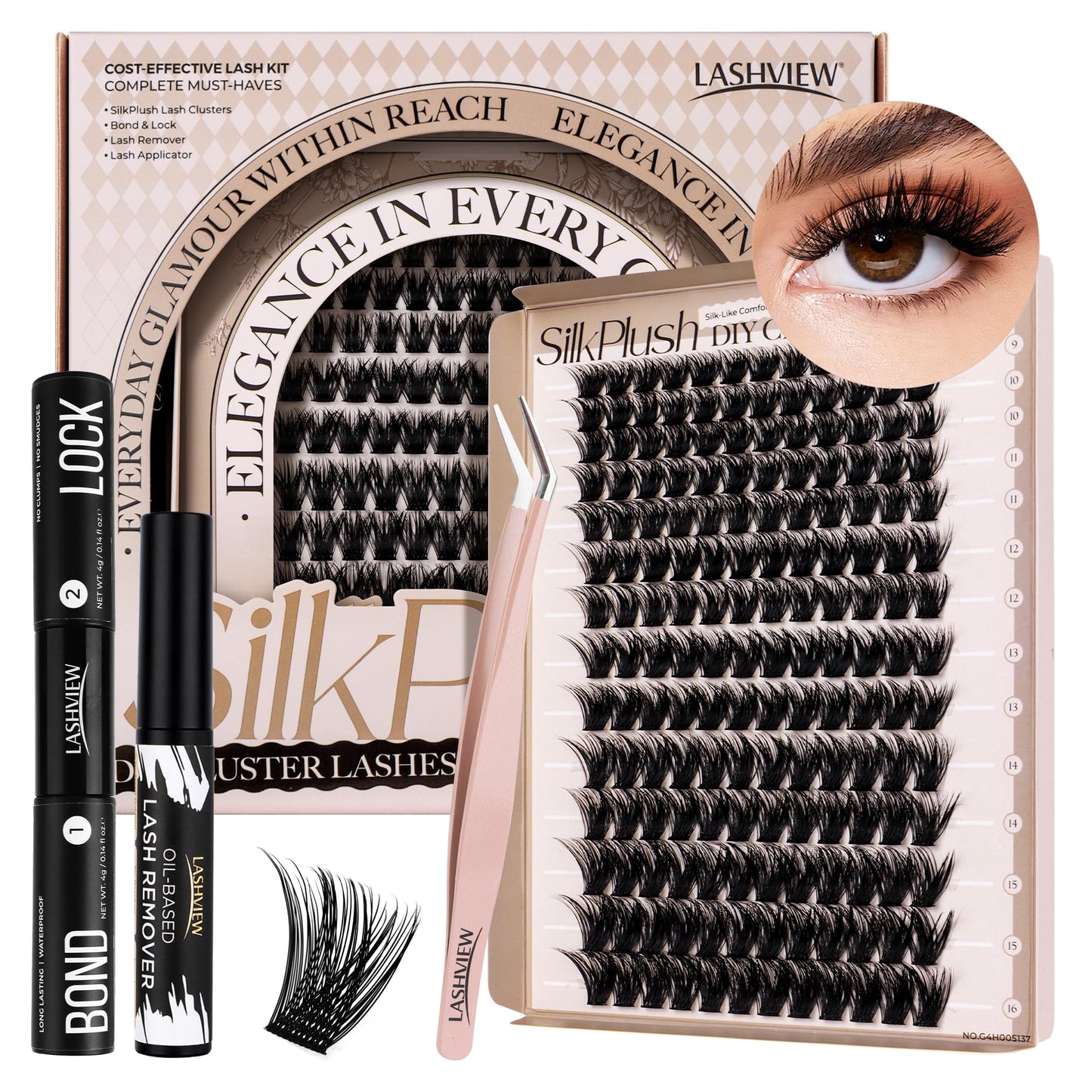 LASHVIEW DIY Lash Extension Kit, 9-16mm Mix D Curl Cluster Eyelash Extension Kit Cluster Lashes with Lash Bond and Seal, Lash Glue Remover and Lash Applicator W50