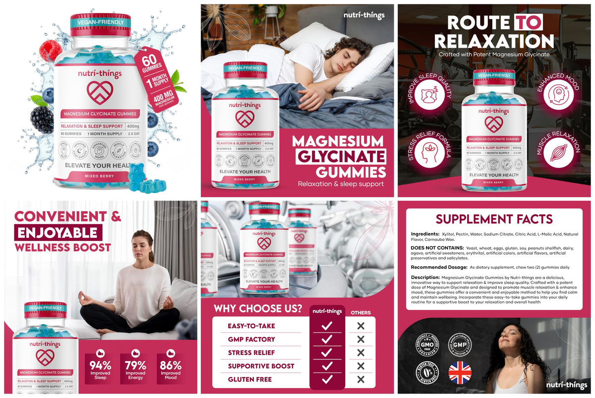 Nutri-things Magnesium Glycinate Gummies Adult - Mixed Berry Flavor, 400mg High Absorption Magnesium Chewable for Stress Relief, Sleep & Muscle Relaxation - Non-GMO, Gluten-Free - 60 Count, 30-Day Supply