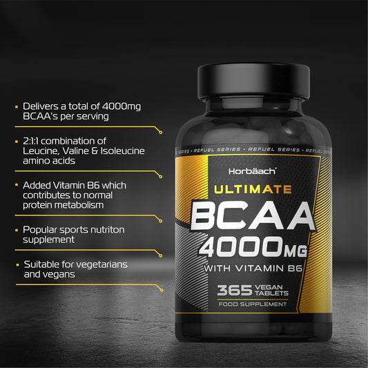 BCAA Tablet | 4000mg BCAAs per Serving | 365 Vegan Tablets | Essential Amino Acid Supplement with Vitamin B6 | by Horbaach