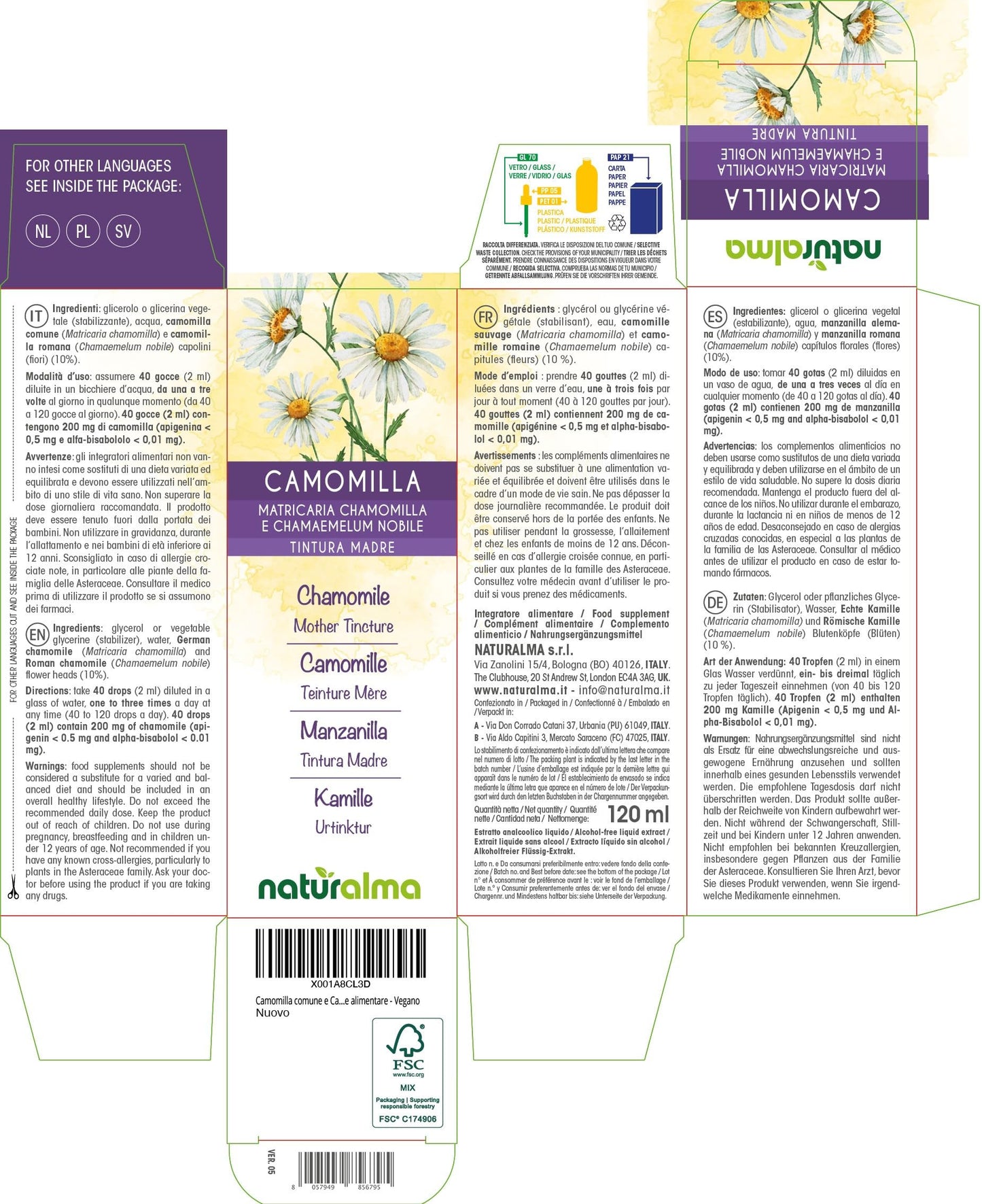 German and Roman Chamomile (Matricaria chamomilla and Chamaemelum nobile) Flower Heads Alcohol-Free Mother Tincture Naturalma - Liquid Extract Drops 120 ml - Food Supplement - Vegan