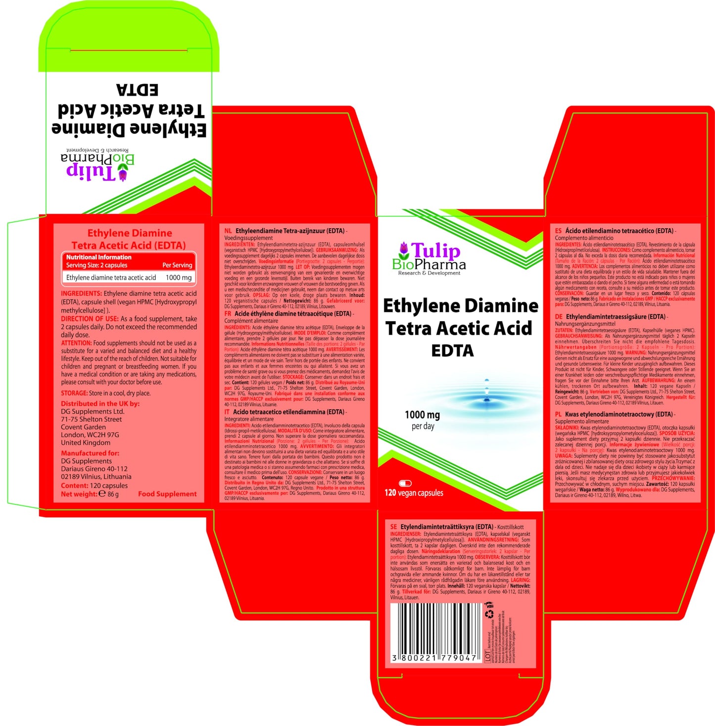 Tulip BioPharma EDTA (Ethylene Diamine Tetra Acetic Acid) 500mg 120 Vegan Capsules, 3rd Party Lab Tested, High Strength Supplement, Gluten and GMO Free