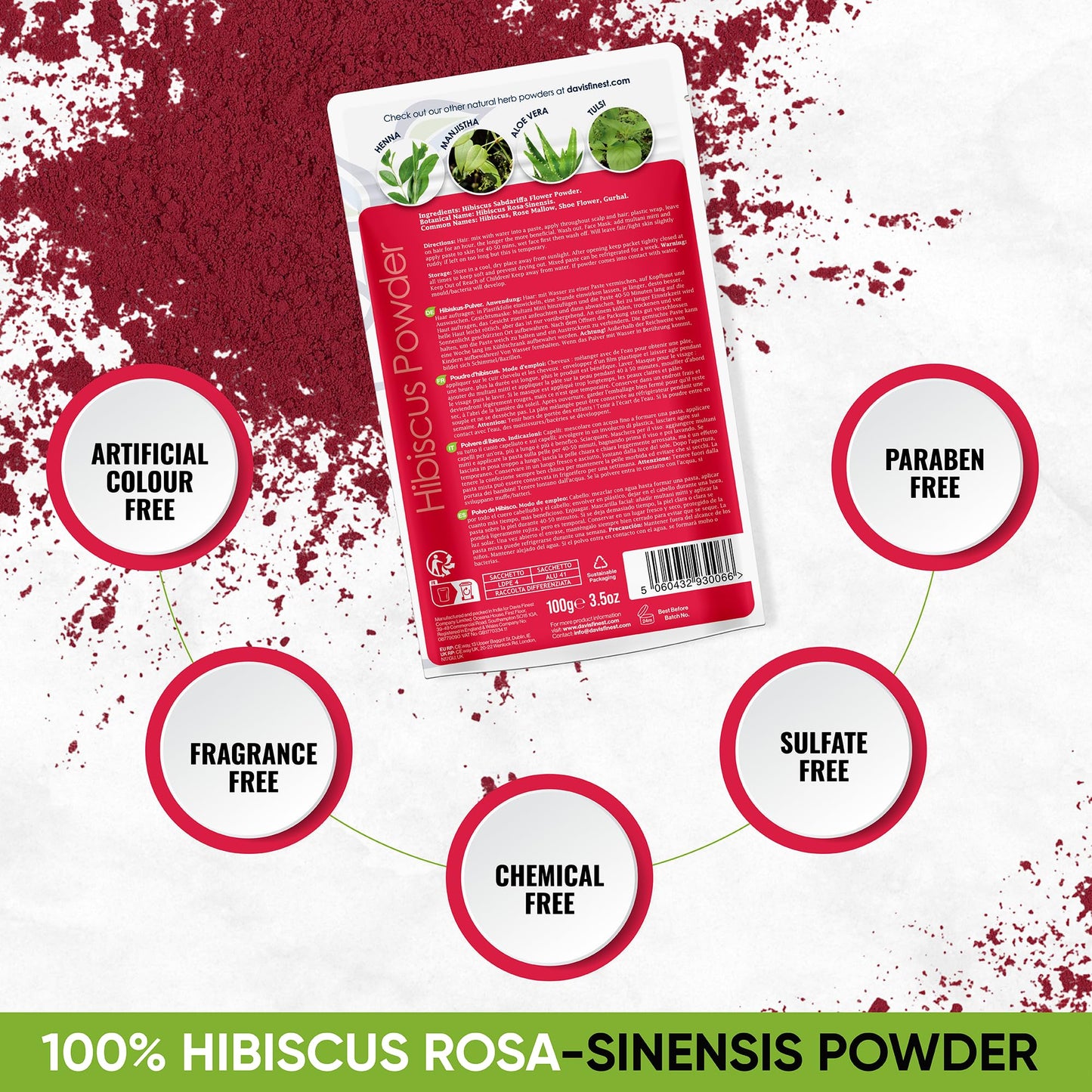 Davis Finest Organic Hibiscus Powder 100g, Hair & Skin, Facial Mask, Face Pack, Hair Growth, Shine & Condition