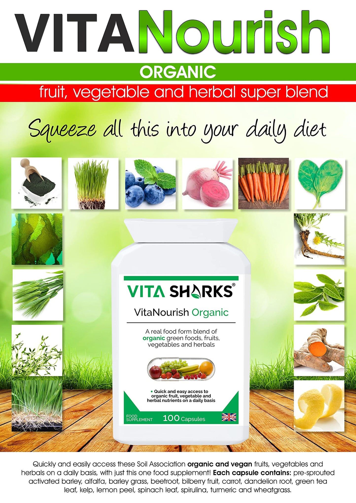Vita Sharks VitaNourish Organic. Nutrient-Dense Potent Vegan Whole Food Supplement for Total Immunity. Essential Vitamins & Minerals from 100% Organic Kosher Fruit, Vegetable & Herbal Blend